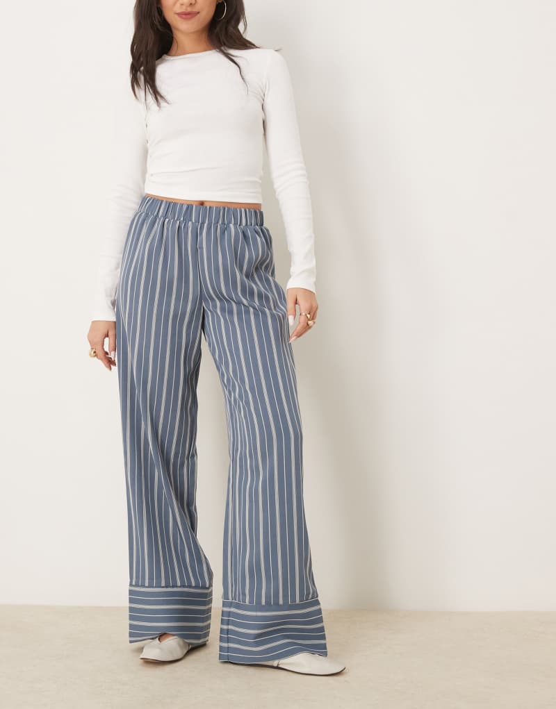 VILA wide leg striped pants with deep cuff detail in blue Vila