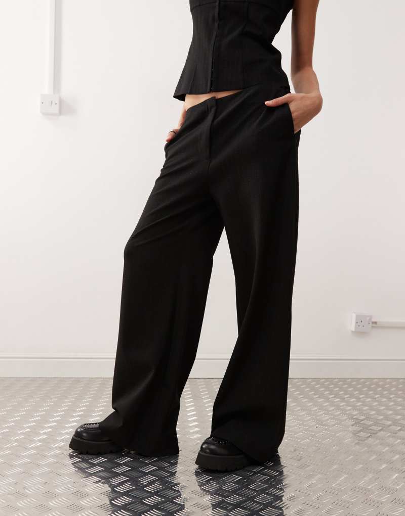 Weekday wide leg pants with waistband detail in black pinstripe Weekday