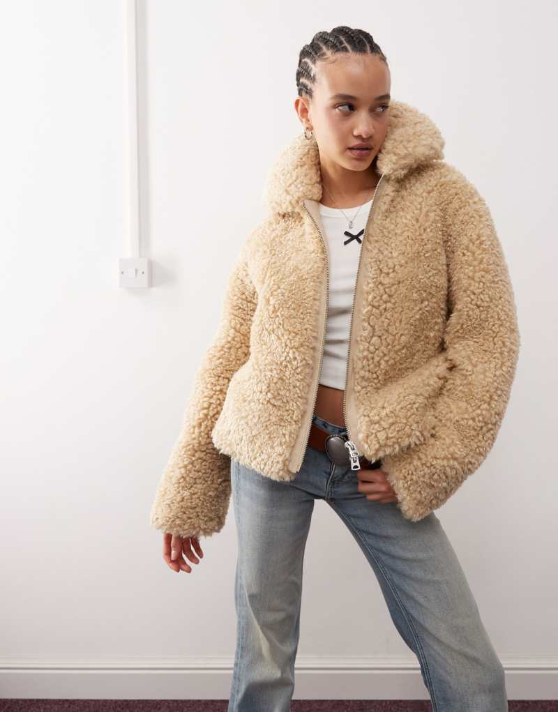 Weekday Yara faux fur jacket in beige Weekday