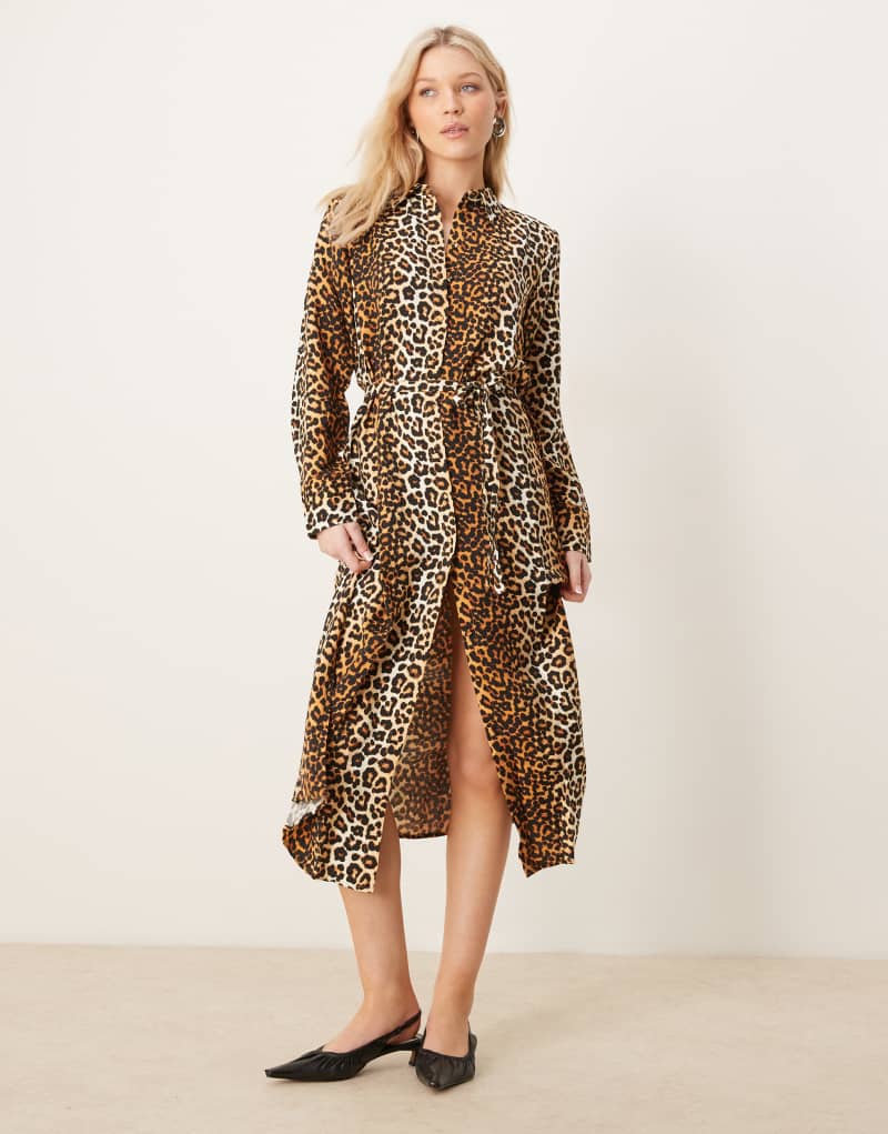 YAS tie waist maxi shirt dress in leopard print Yas