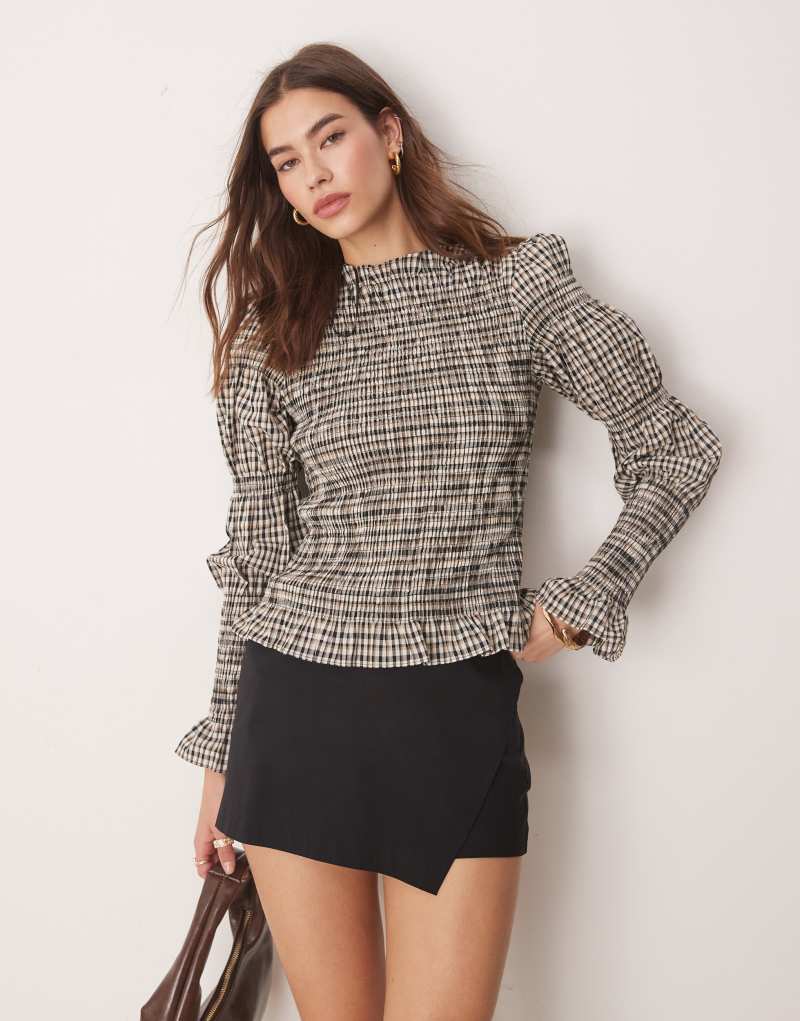 YAS shirred detail long sleeve top in check print Yas