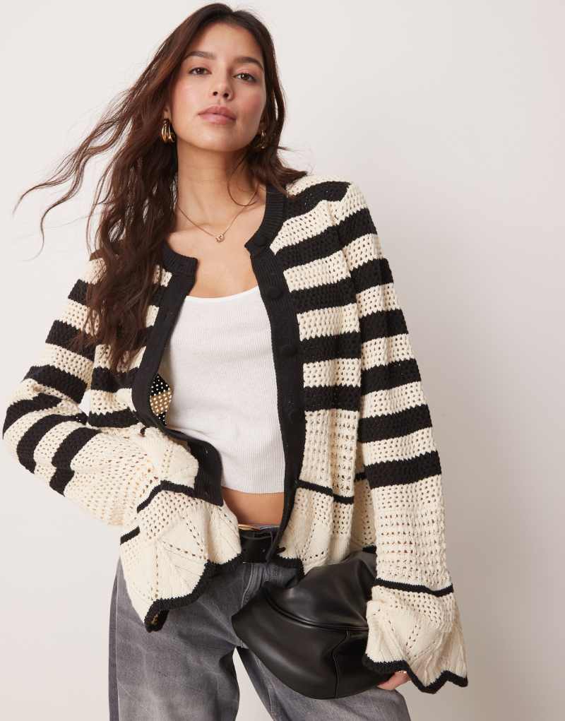 YAS crochet knit cardigan in black and cream stripe Yas