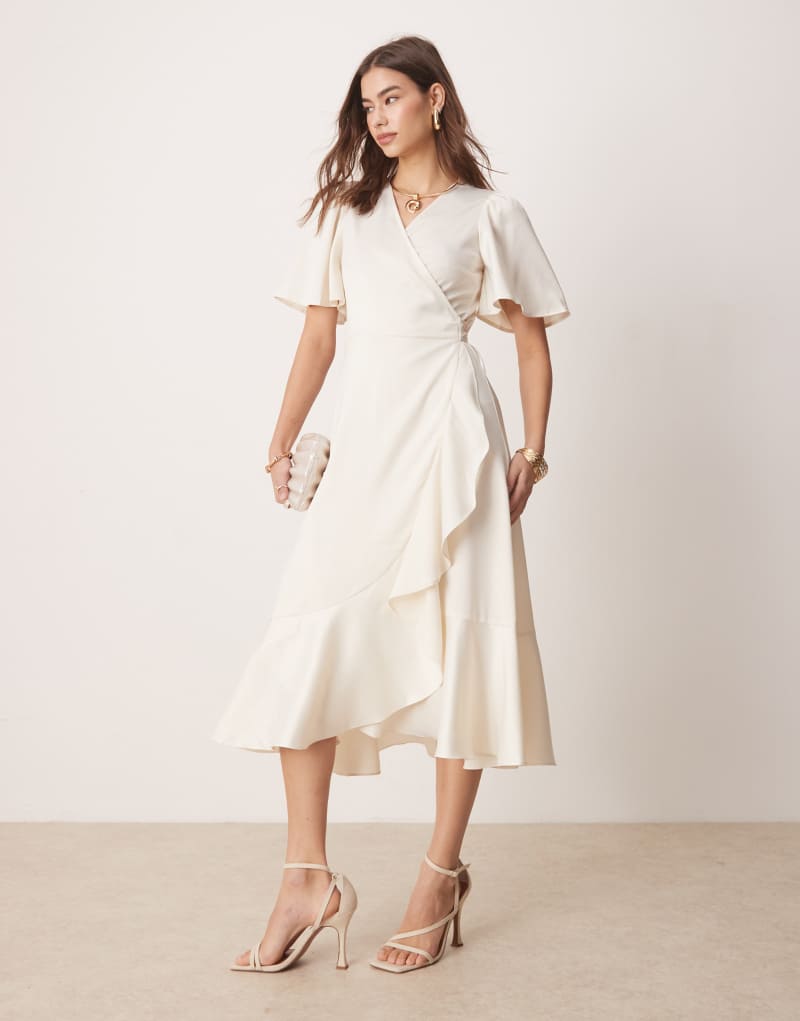 YAS satin wrap midi dress in gardenia white Yas