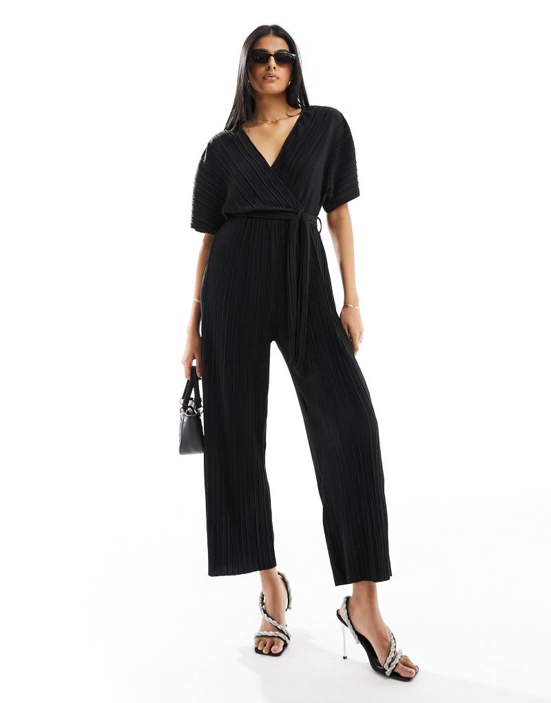 YAS plisse wrap front jumpsuit in black Yas