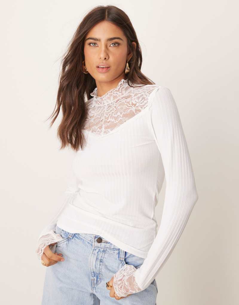 YAS high neck lace victoriana style top in white Yas