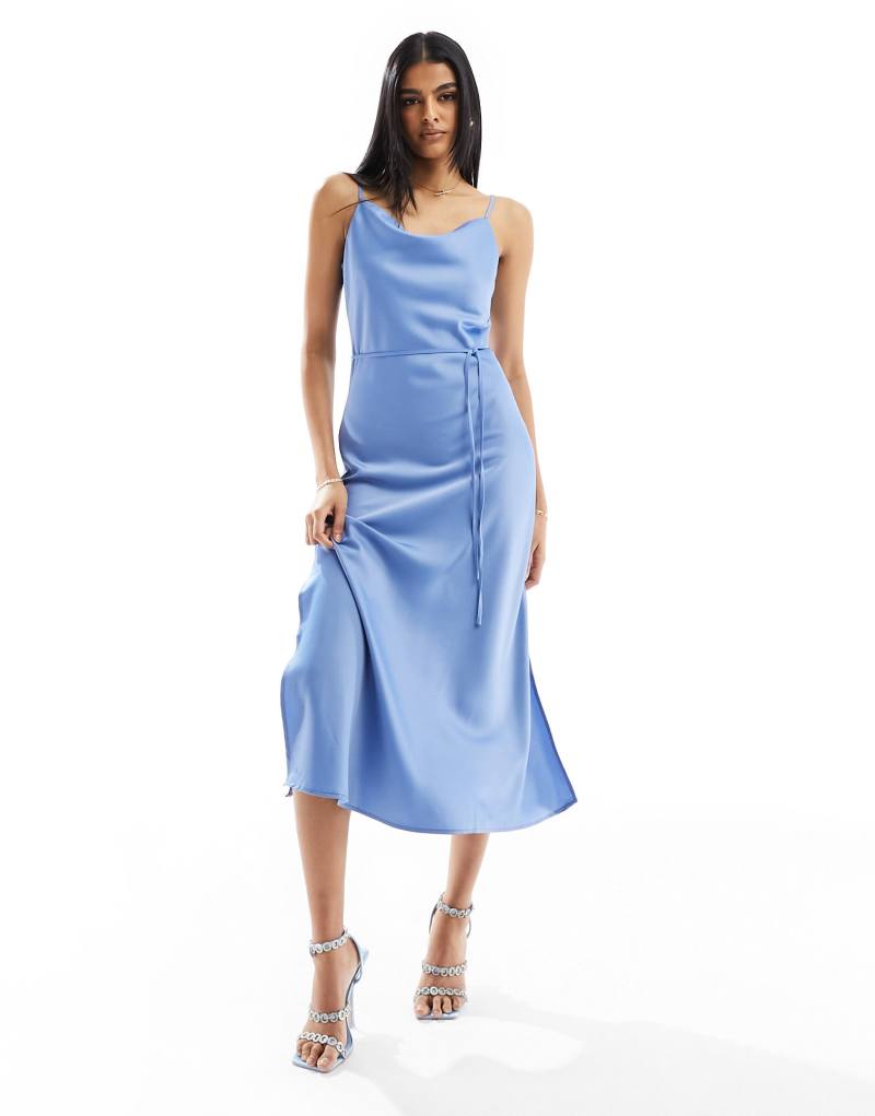 YAS Bridesmaid satin maxi dress with tie waist detail in blue Yas