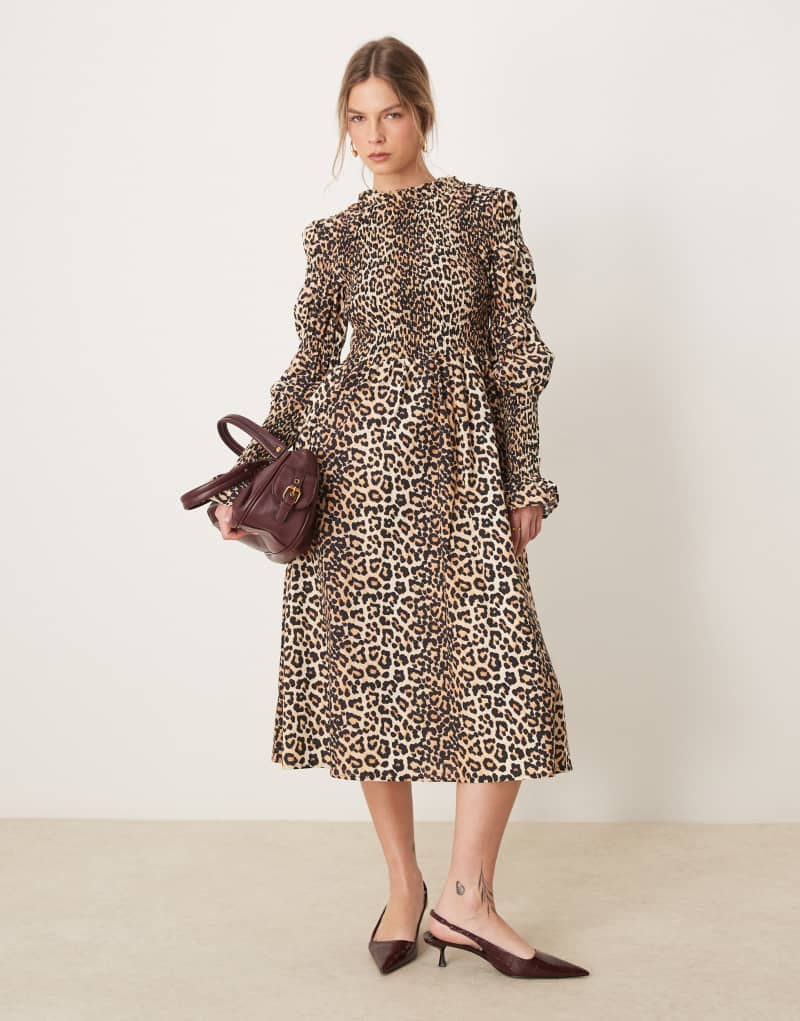 YAS shirred long sleeve detail maxi dress in leopard Yas