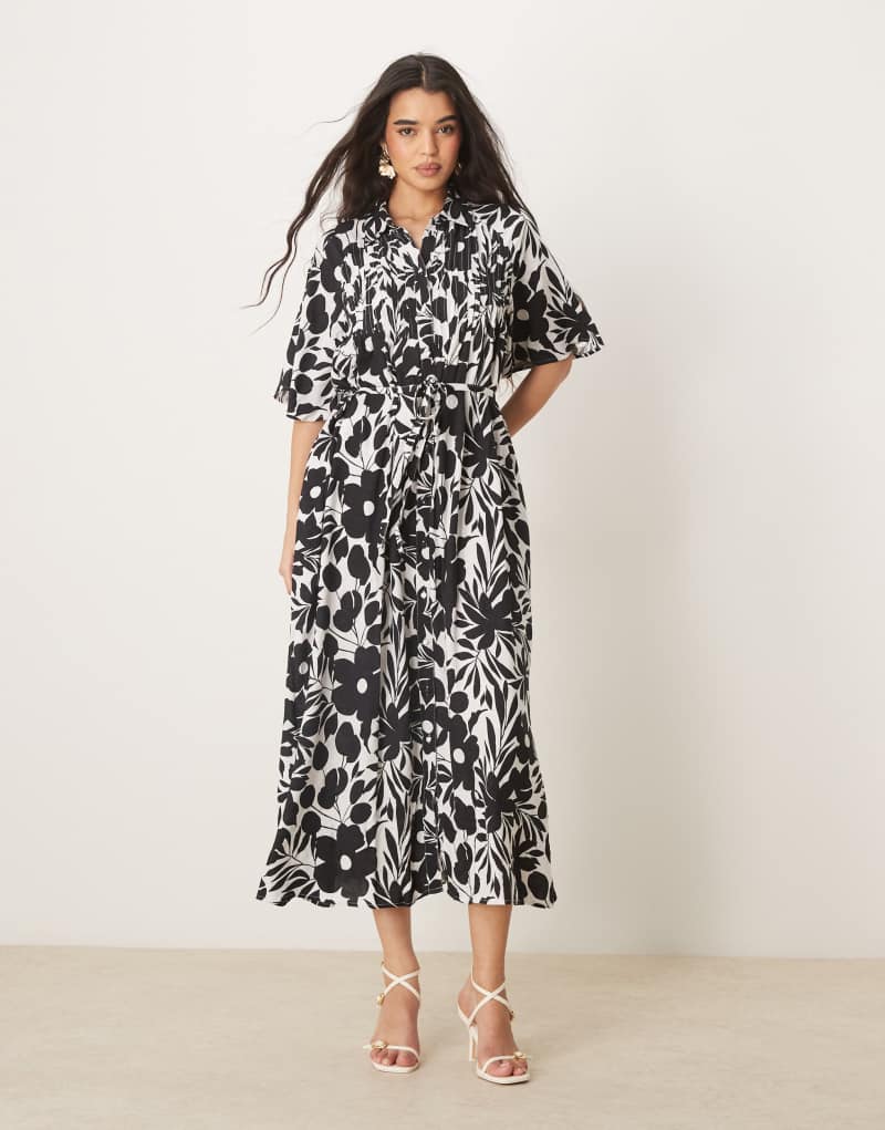 YAS belted button front fluted sleeve dress in monochrome floral print Yas