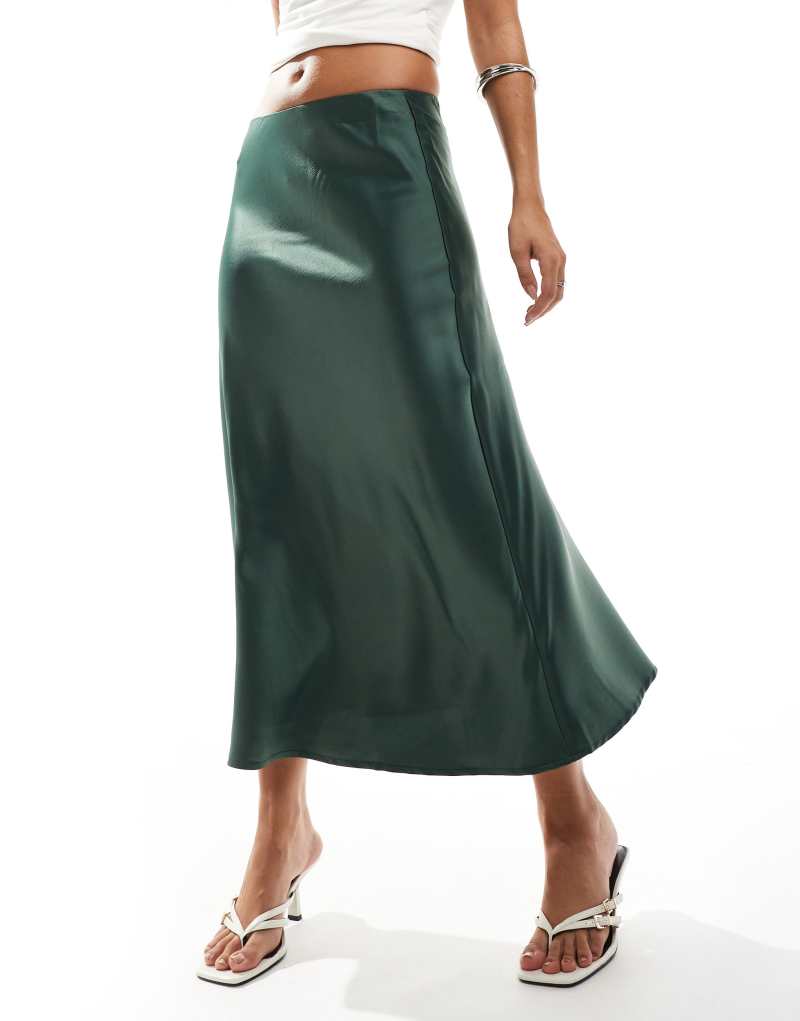 YAS satin midi skirt in deep green Yas