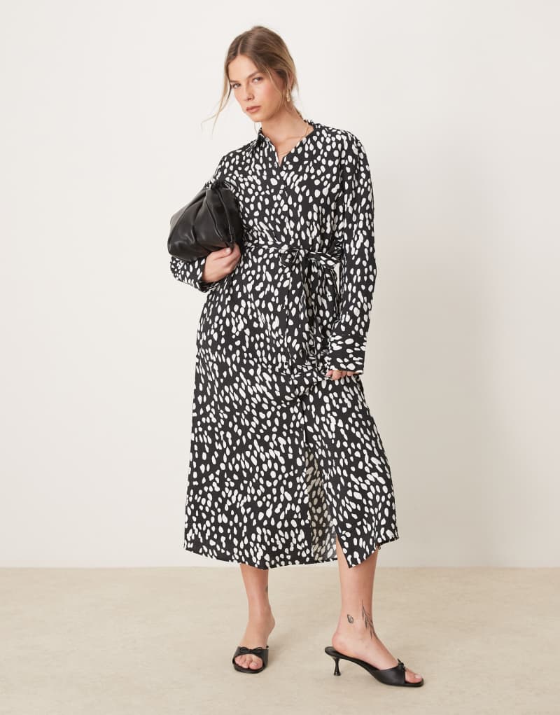 YAS tie waist maxi shirt dress in black spot print Yas