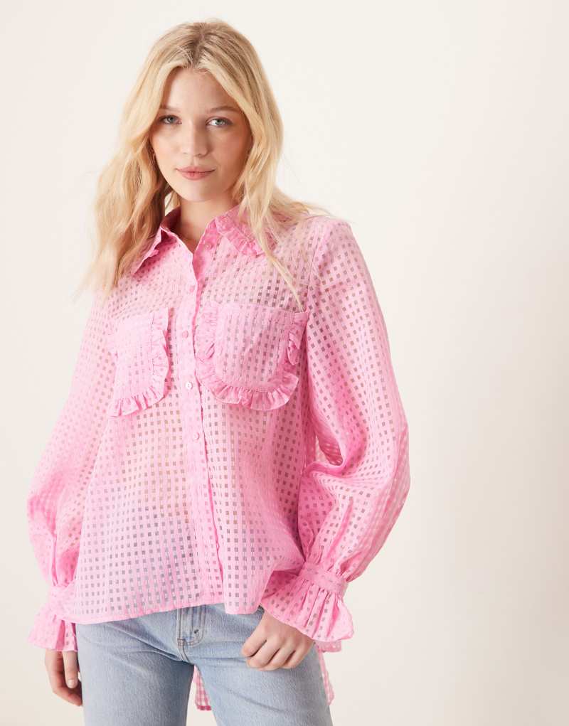 YAS sheer check ruffle trim detail shirt in light pink Yas