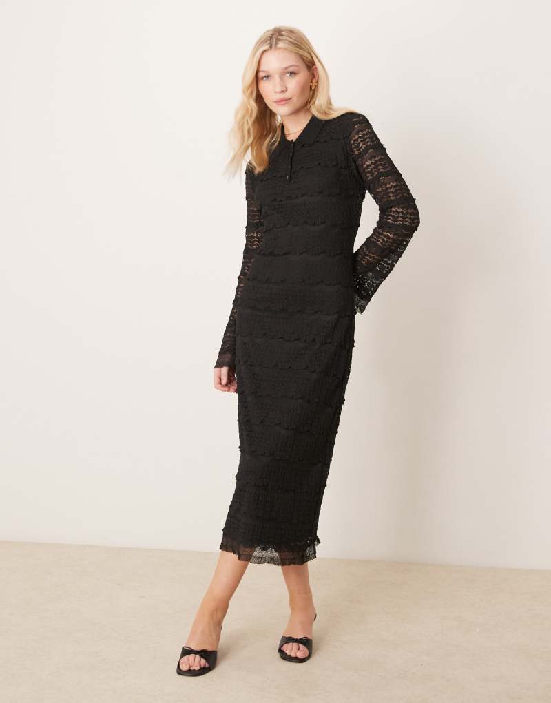 YAS textured lace polo neck detail midi dress in black Yas