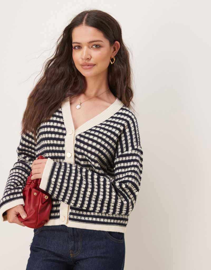 YAS textured stripe knitted cardigan in black and cream Yas