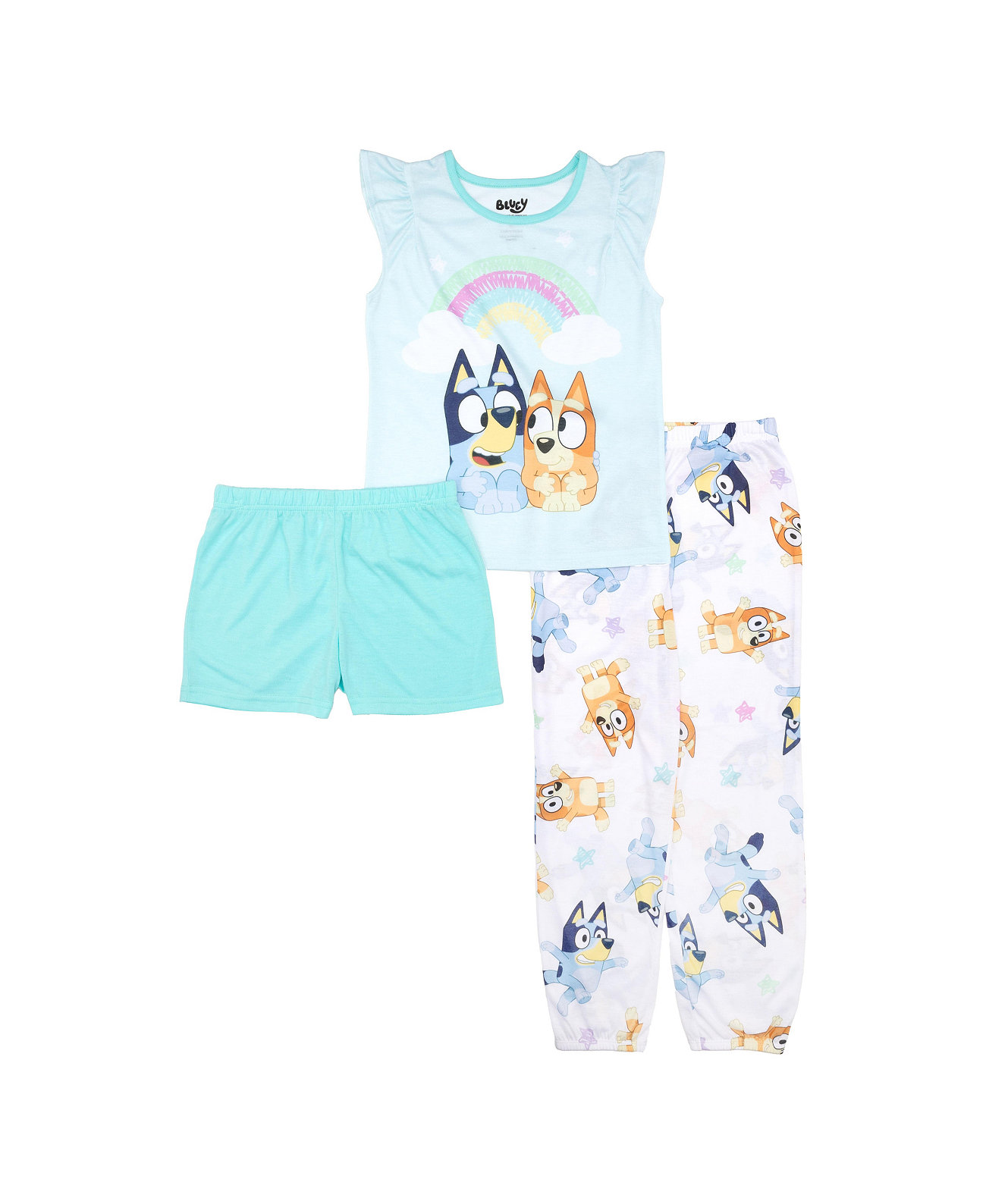 Big Girls Short Sleeve Frill Tank, Shorts and Jogger Bottoms, 3-Piece Pajama Set Bluey