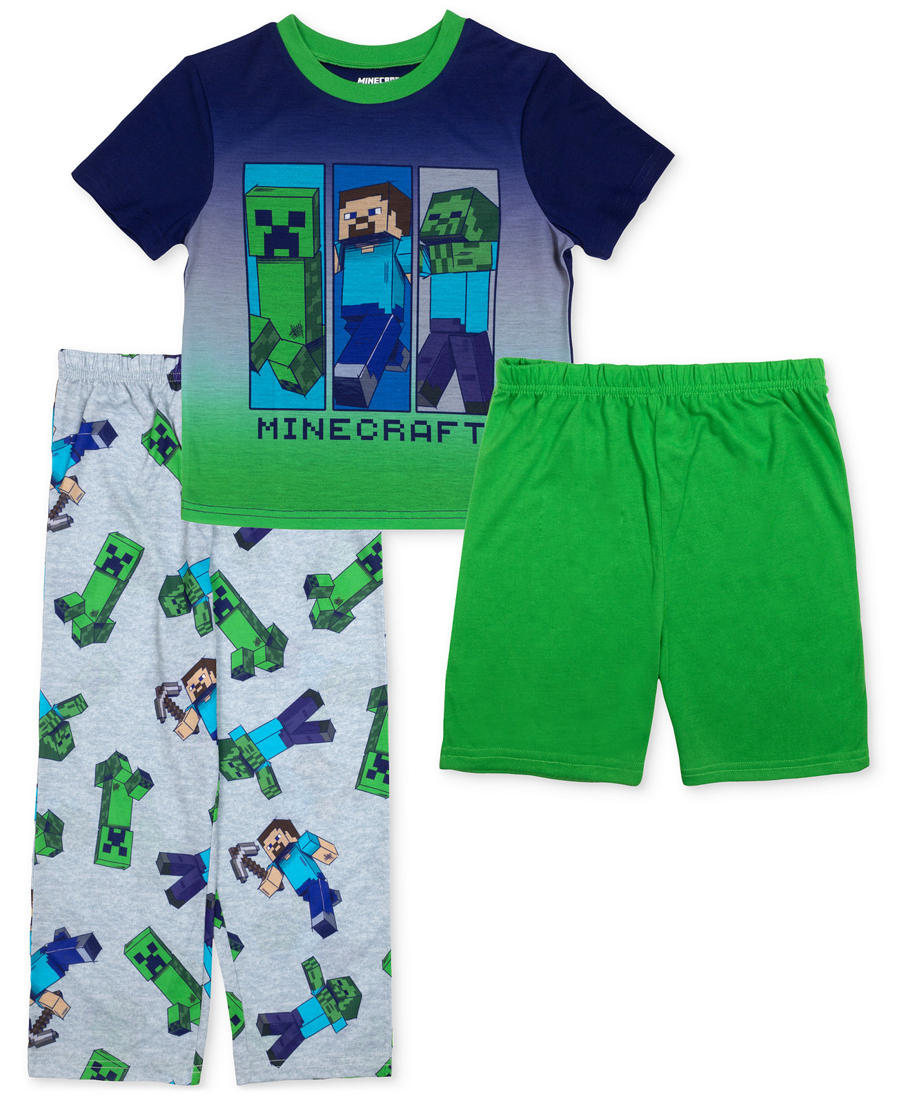 Big Boys Short-Sleeve Top, Shorts & Pants Pajamas, 3 Piece Set Minecraft