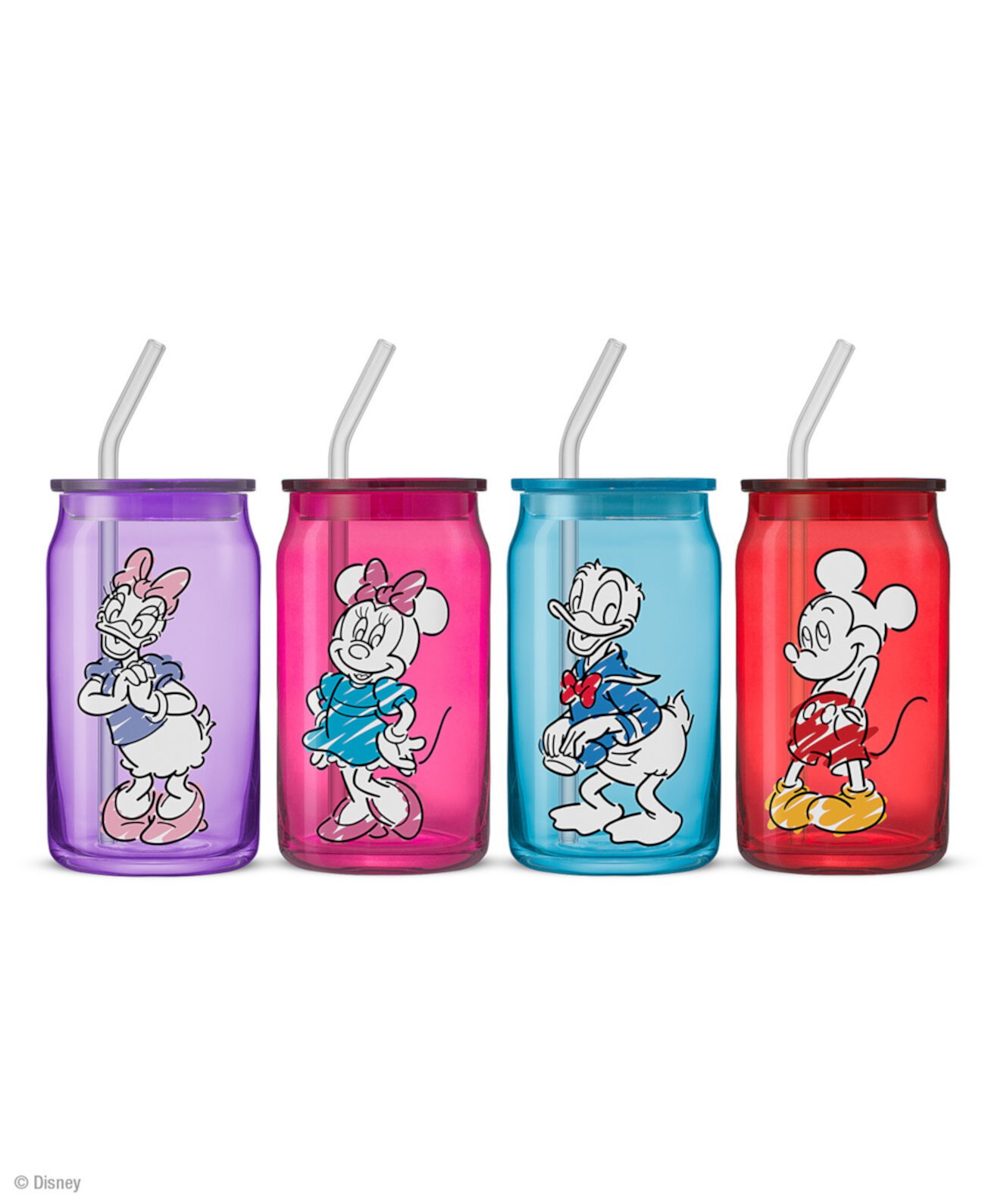 Disney Mickey Mouse Friends Color Sketch Tumbler Glasses with Lids, Set of 4 JoyJolt