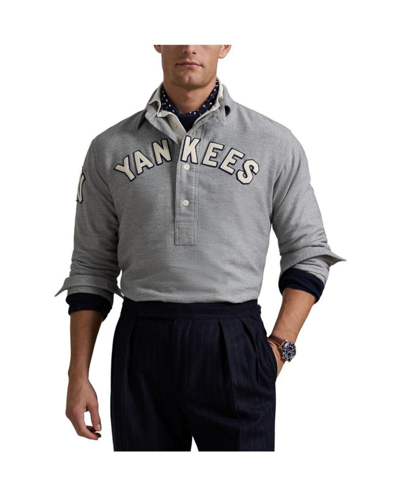 Men's Heather Gray New York Yankees Fielder Long Sleeve Polo Polo Ralph Lauren