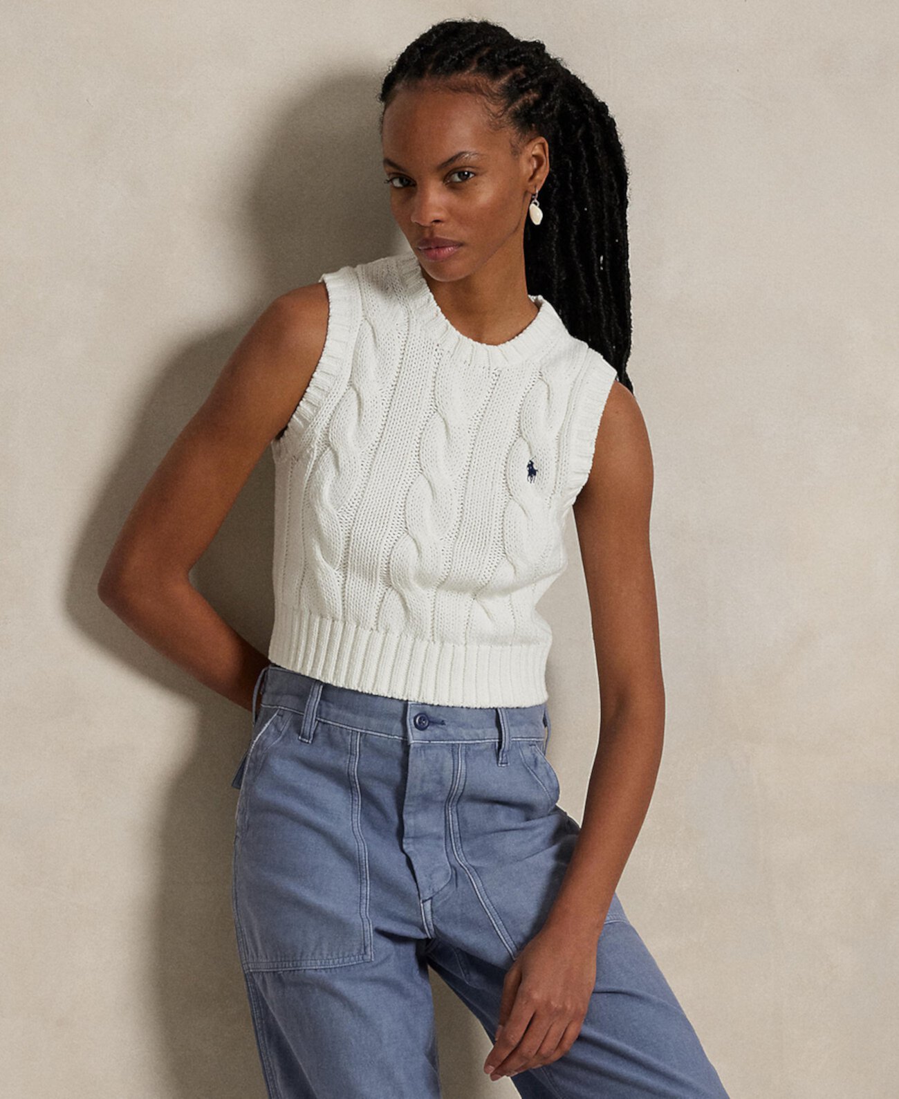 Women's Cable-Knit Cotton Cropped Sweater Vest Polo Ralph Lauren