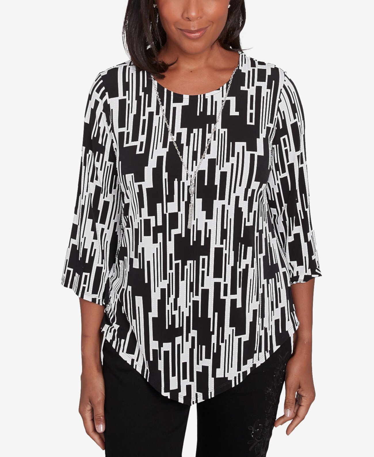 Women's Classic Vertical Geometric Top with Necklace Alfred Dunner