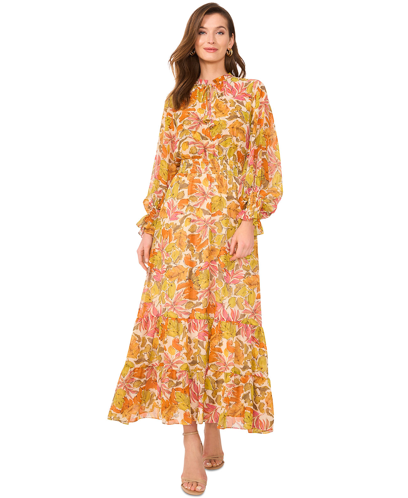 Women's Smocked-Waist Long-Sleeve Tiered Maxi Dress Vince Camuto