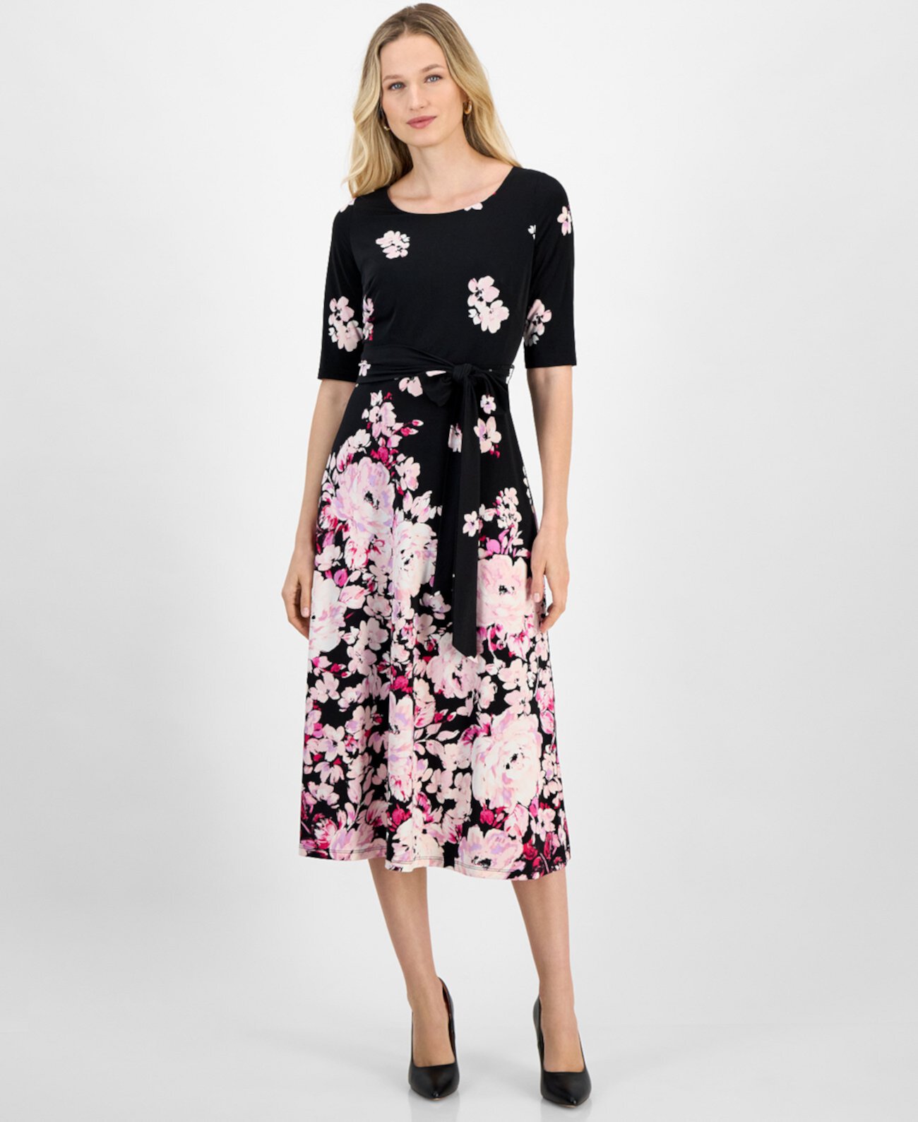 Women's Floral Belted Elbow-Sleeve Fit & Flare Dress, Regular and Petite Sizes Kasper