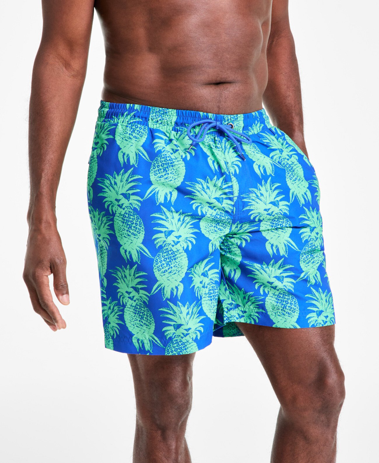 Men's Pineapple Palm Print Drawstring 7" Swim Trunks, Exclusively at Macy's Club Room