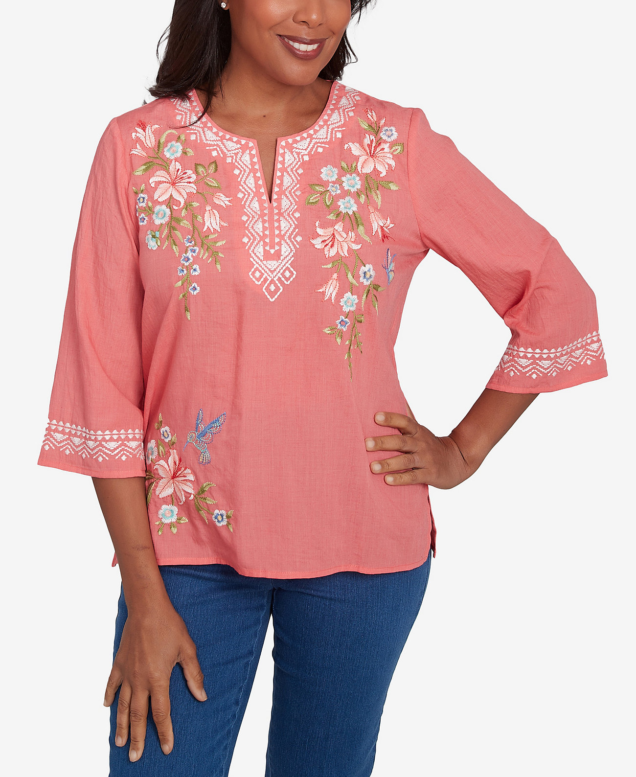 Women's Free Spirit Bohemian Floral Embroidered Flutter Sleeve Top Alfred Dunner