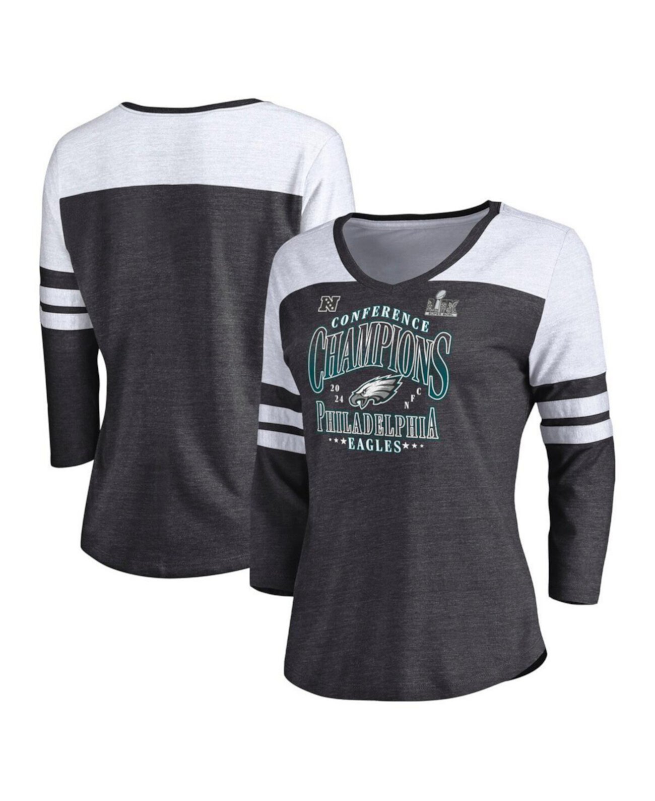 Women's Heather Charcoal Philadelphia Eagles 2024 NFC Champions Tri-Blend 3/4 Sleeve V-Neck T-Shirt Fanatics