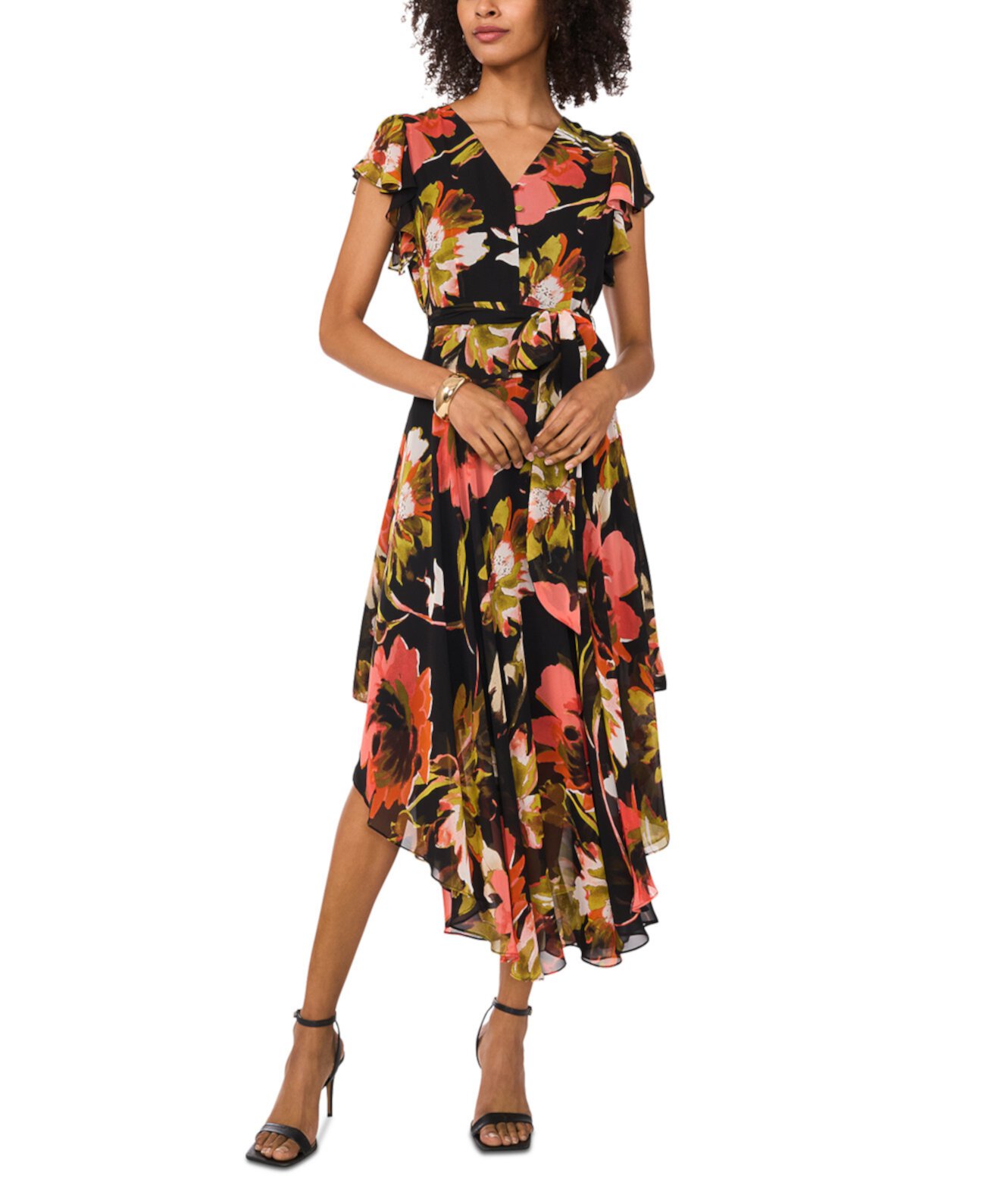 Women's Printed V-Neck Flutter-Sleeve Asymmetrical-Hem Midi Dress Vince Camuto