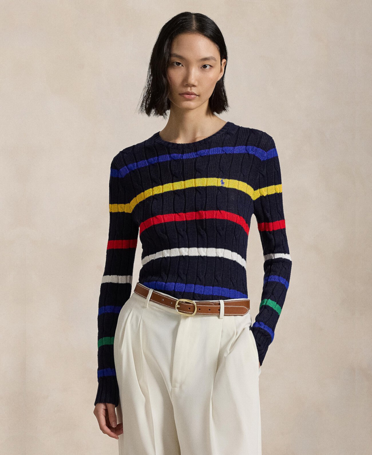 Women's Striped Cable-Knit Cotton Sweater Polo Ralph Lauren