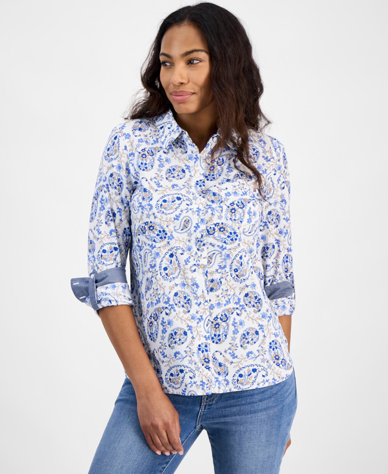 Women's Paisley-Print Roll-Tab Cotton Shirt Tommy Hilfiger