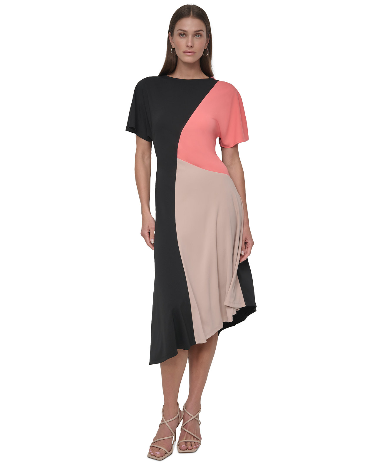 Women's Colorblocked Short-Sleeve Asymmetric-Hem Dress DKNY