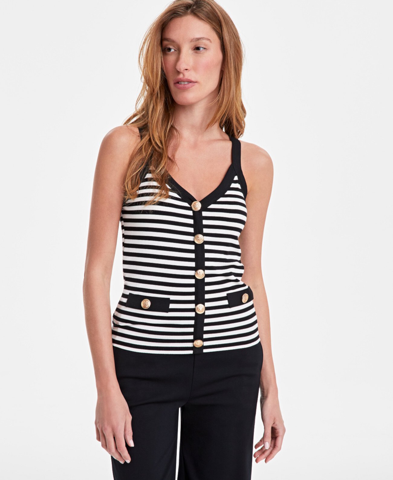 Women's Striped Knit Button Tank Top, Exclusively at Macy's On 34th