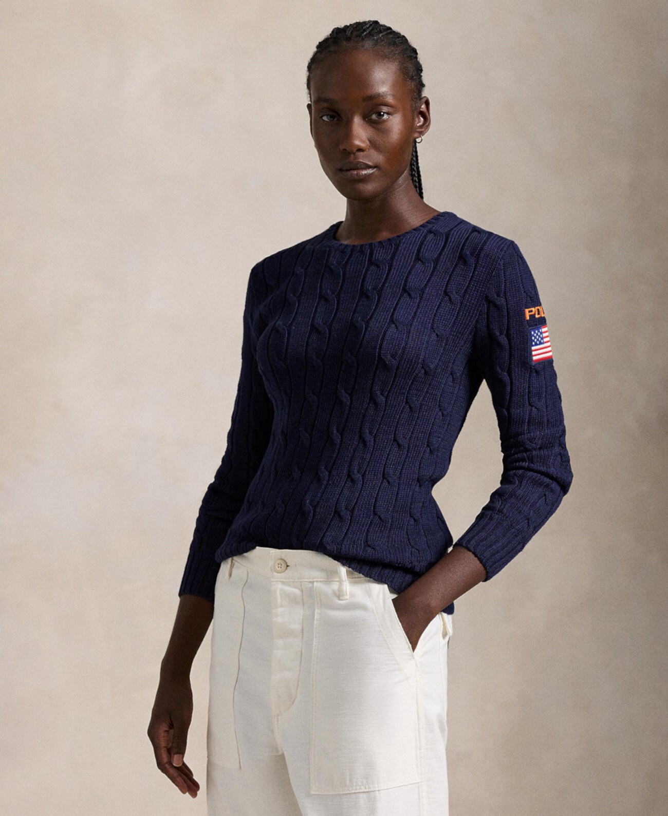 Women's Flag-Patch Cable-Knit Cotton Sweater Polo Ralph Lauren