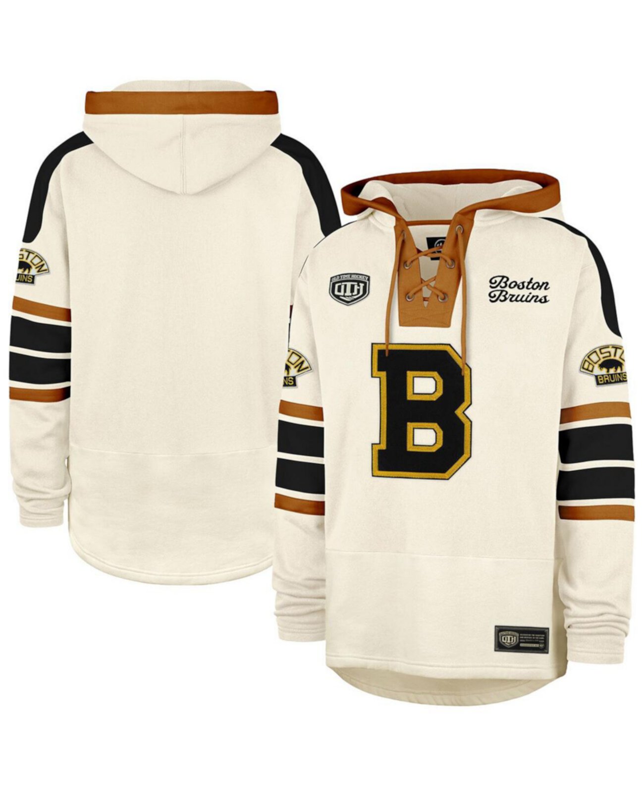 Men's Cream Boston Bruins Blue Line Heritage Lacer Pullover Hoodie '47 Brand