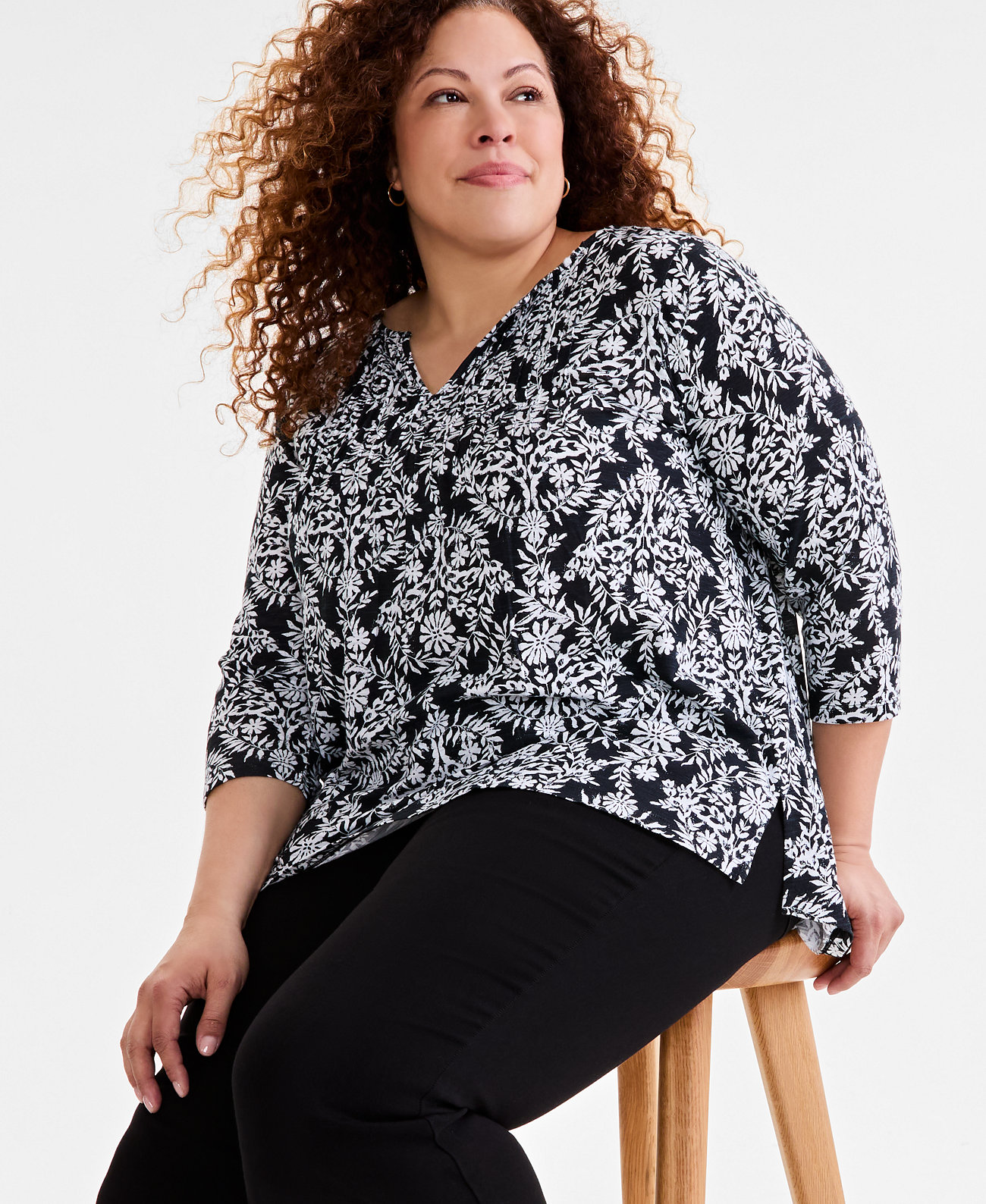 Plus Size Printed Pintucked Top, Exclusively at Macy's Style & Co