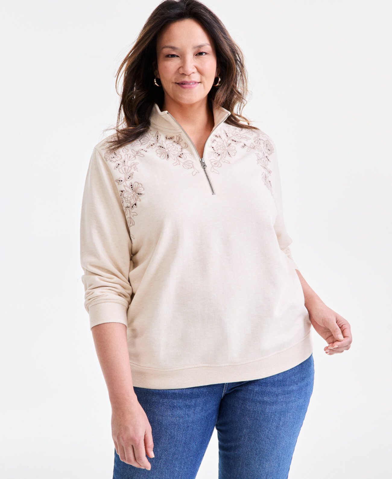 Plus Size Embroidered Half-Zip Sweatshirt, Exclusively at Macy's Style & Co