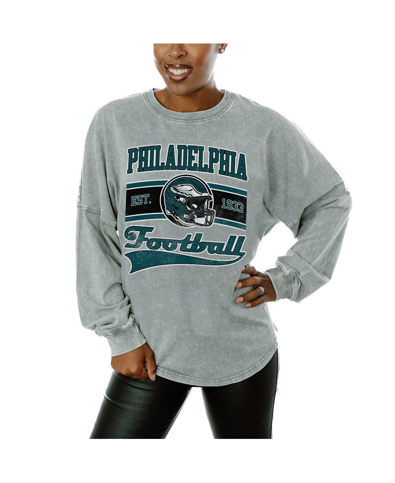 Women's Gray Philadelphia Eagles Snow Wash Oversized Long Sleeve T-Shirt Gameday Couture