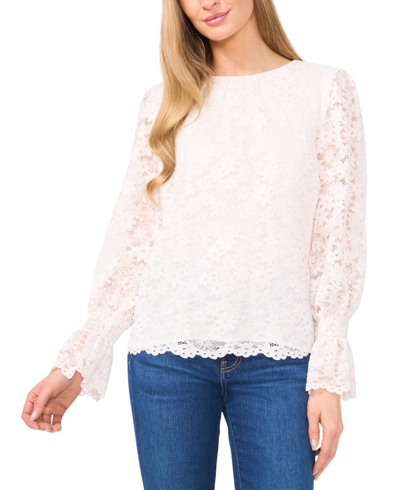 Women's Lace Smocked-Cuff Blouse CeCe