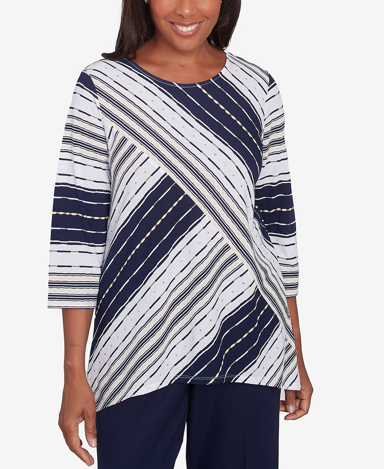 Petite Spliced Stripe Crew Neck Textured Top Alfred Dunner