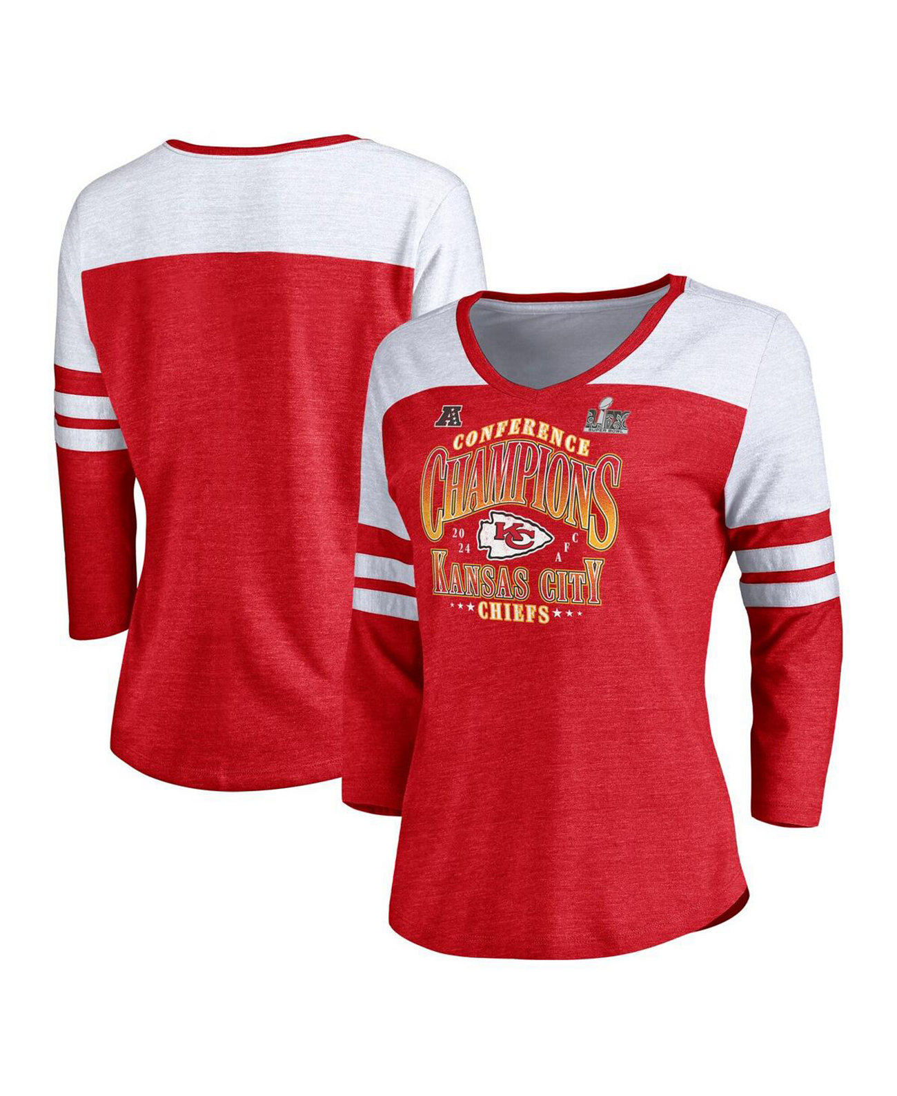 Women's Heather Red Kansas City Chiefs 2024 AFC Champions Tri-Blend 3/4 Sleeve V-Neck T-Shirt Fanatics