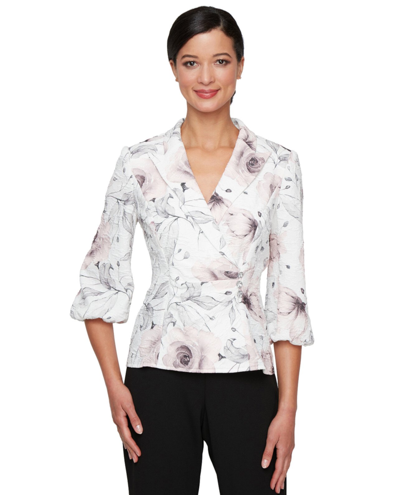 Petite Jacquard Printed Faux-Wrap Top Alex Evenings