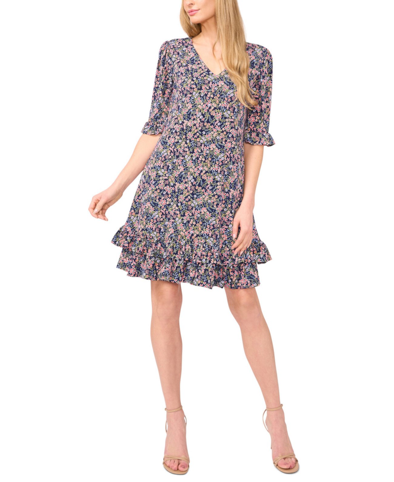 Women's V-Neck Ruffled Ditsy-Print Shift Dress CeCe