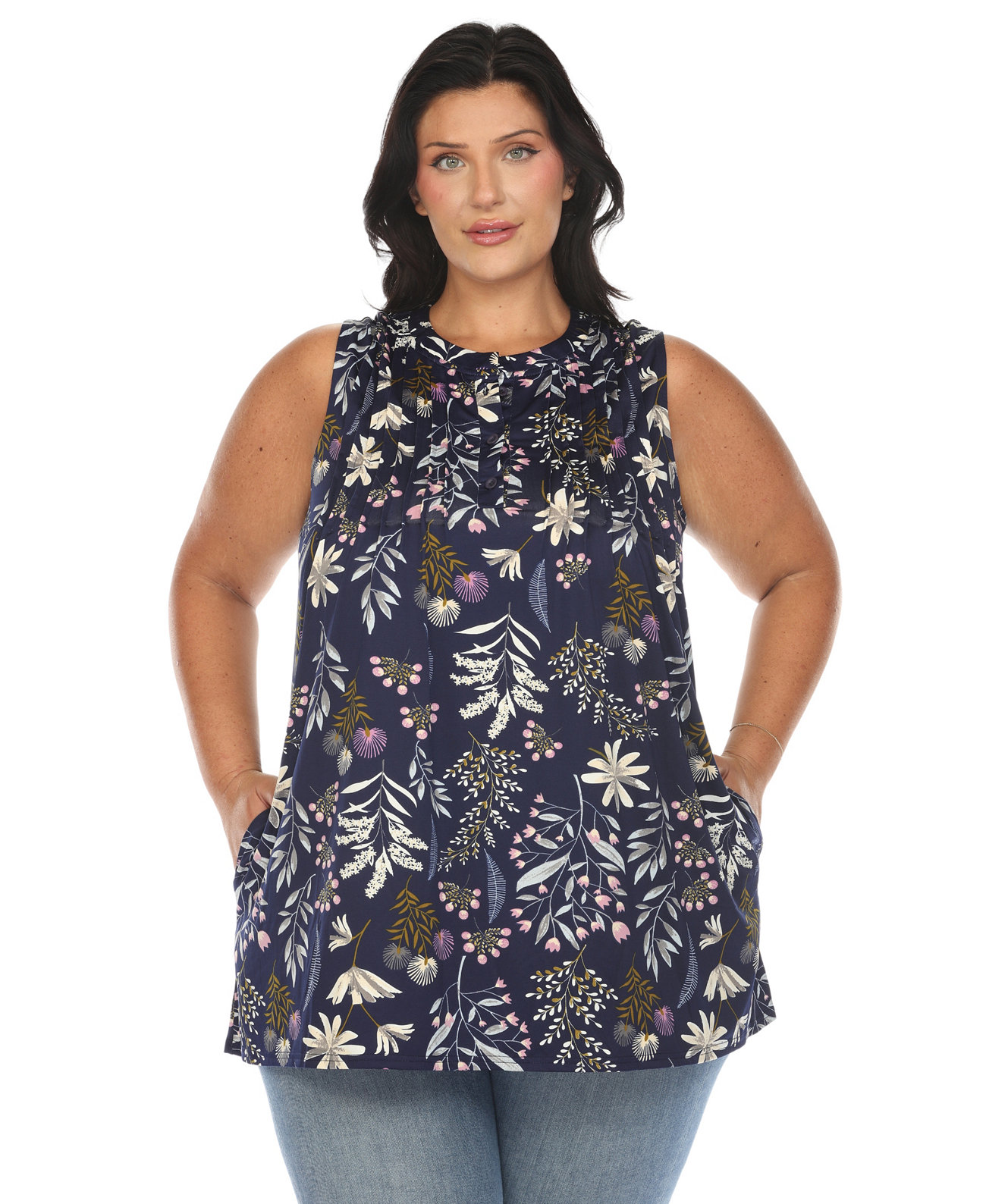 Plus Size Floral Sleeveless Tunic Top White Mark