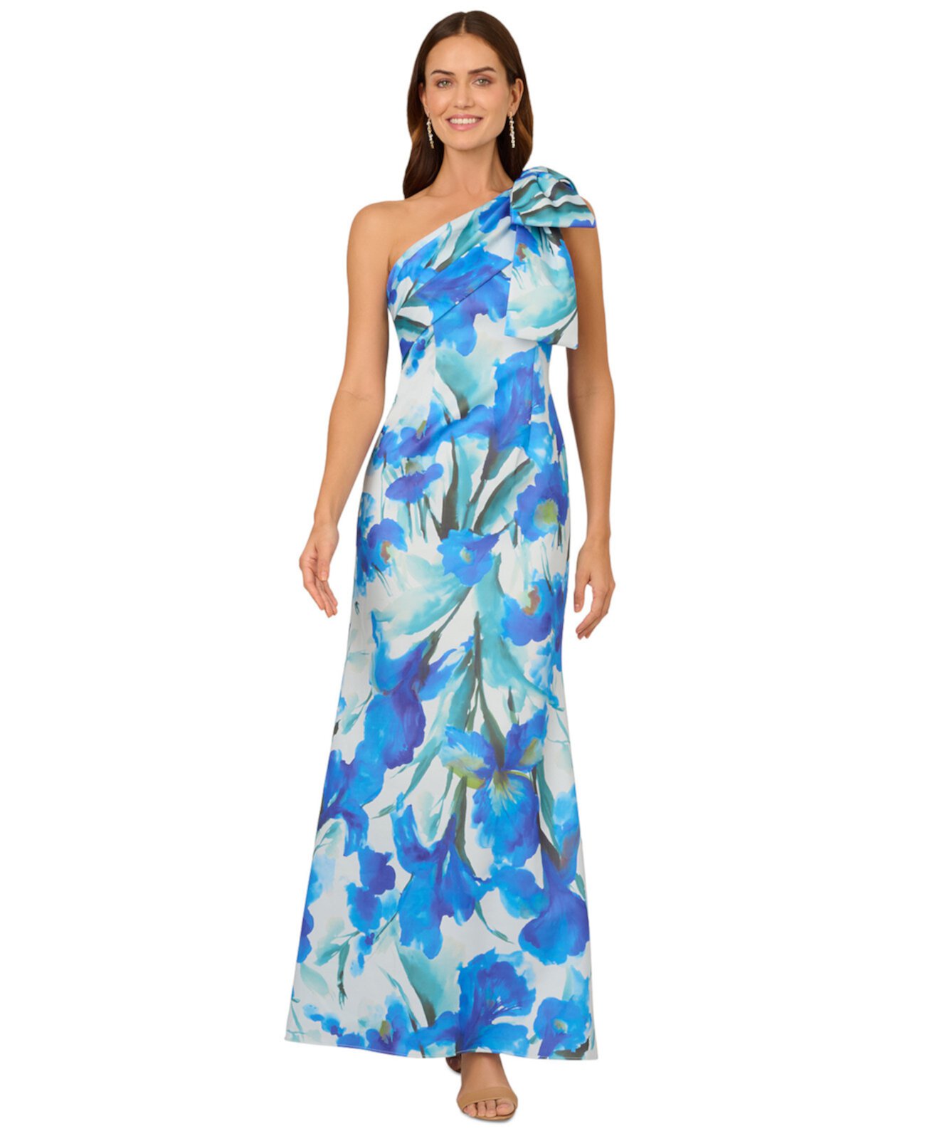 Petite Printed Bow One-Shoulder Gown Adrianna Papell