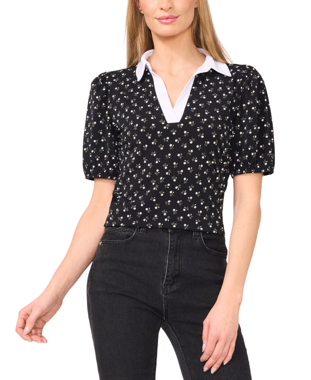 Women's Printed Contrast-Collar Puff-Sleeve Top CeCe