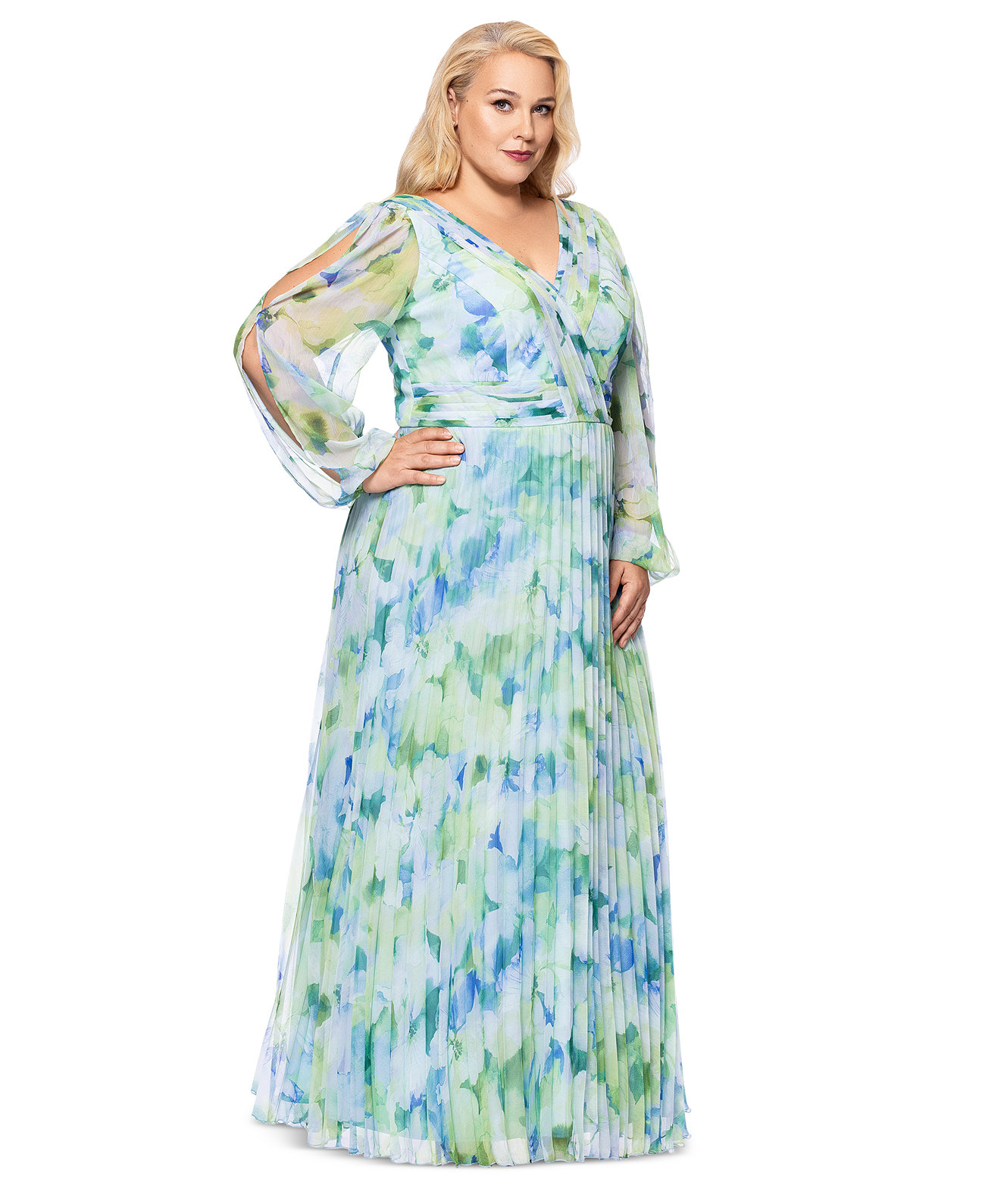 Plus Size Floral Pleated Split-Sleeve Gown Betsy & Adam