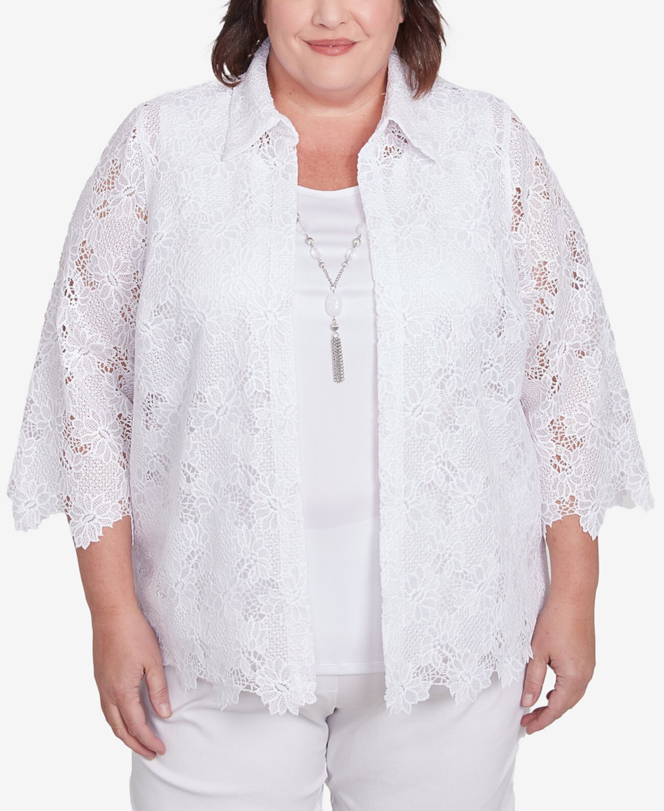 Plus Size Dress Code Two in One Lace Top with Necklace Alfred Dunner