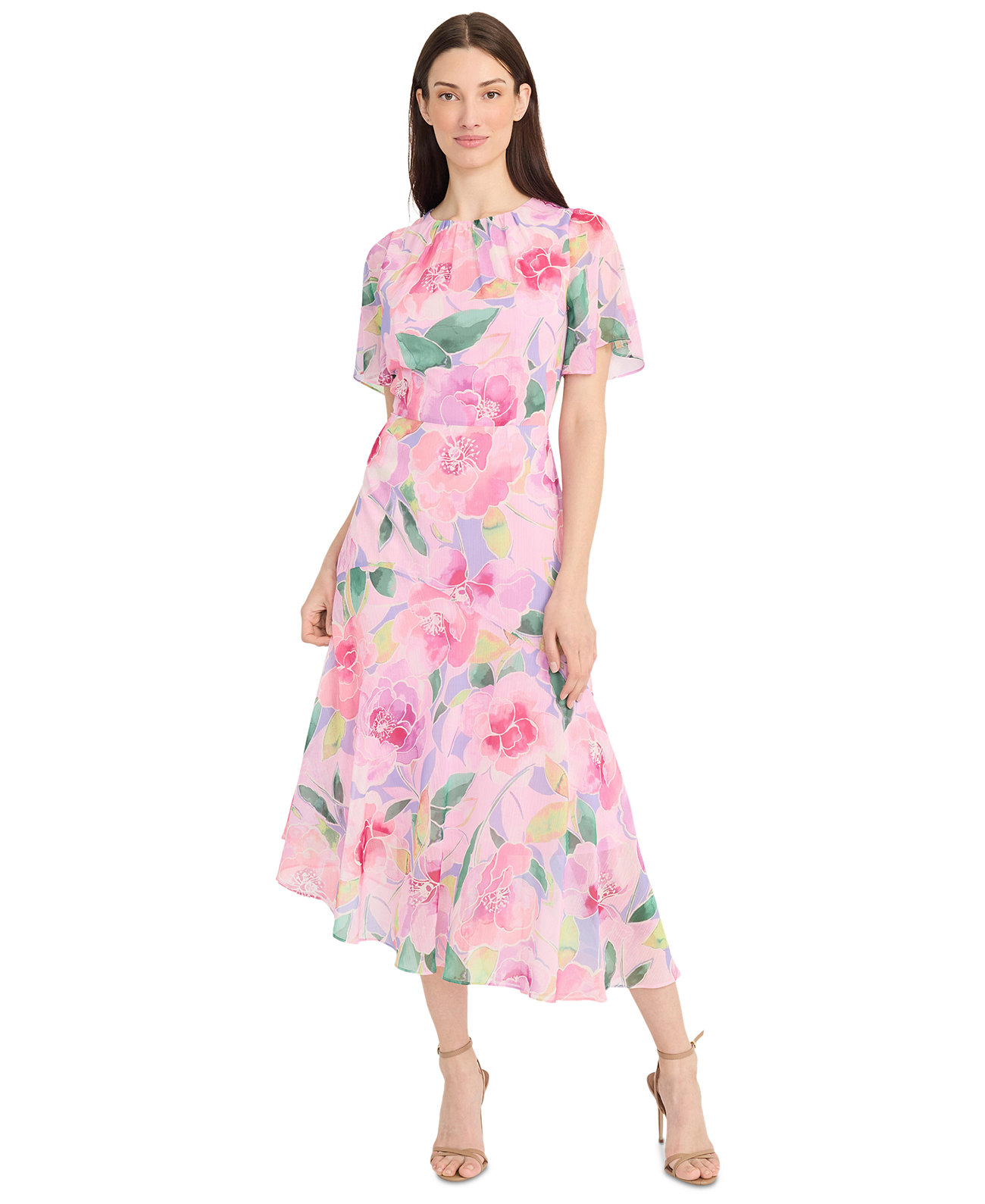 Women's Floral-Print Flutter-Sleeve Maxi Dress Maggy London