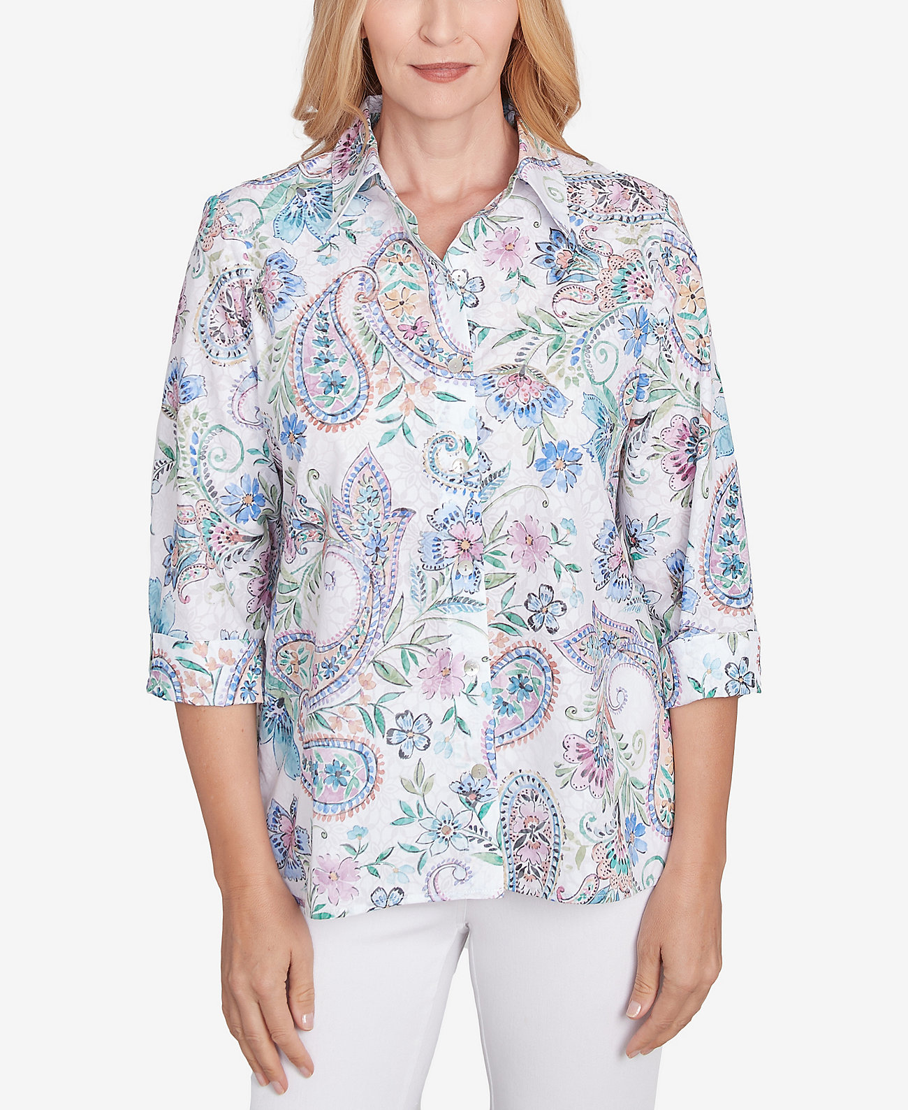 Women's Classic Paisley Button Down Cuffed Sleeve Top Alfred Dunner